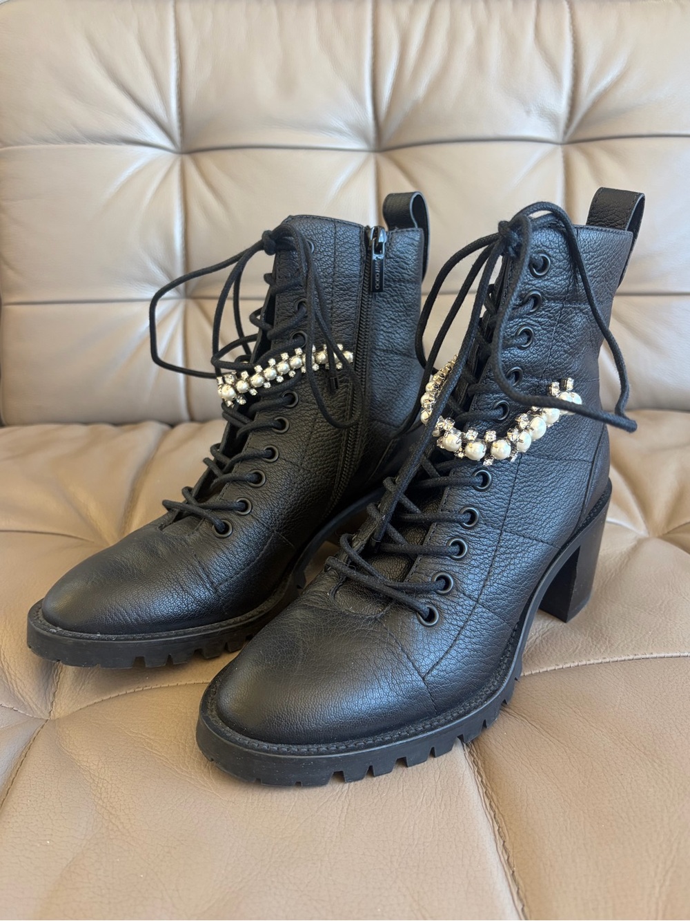 Jimmy Choo Cruz Platform Black Leather Crystal Pearl Embellished Combat Boots 36